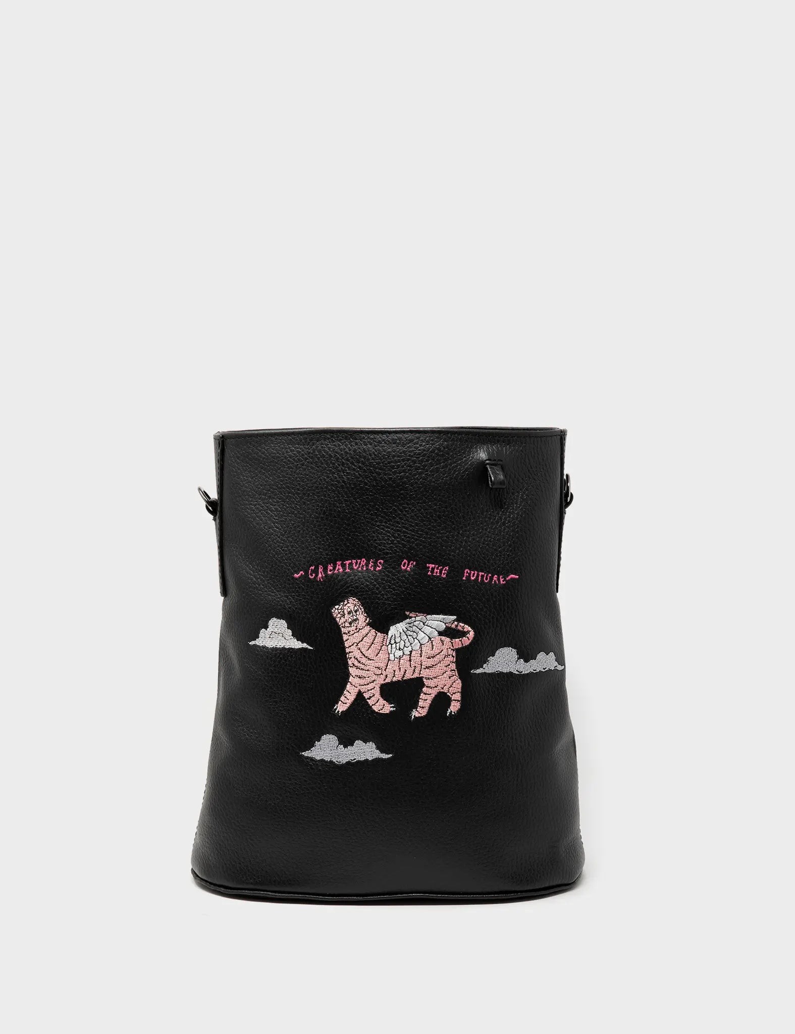 Vincent Bucket Bag - Black Leather Winged Tiger Embroidery