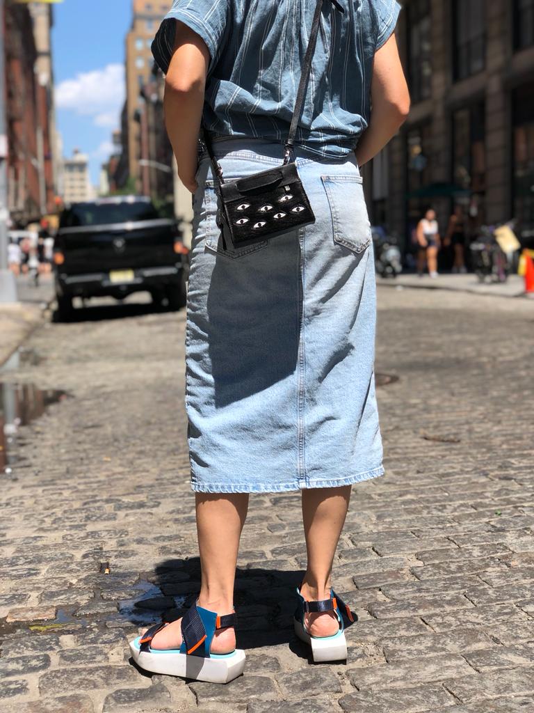 Micro Crossbody Handbag Black Leather All Over Eyes Applique