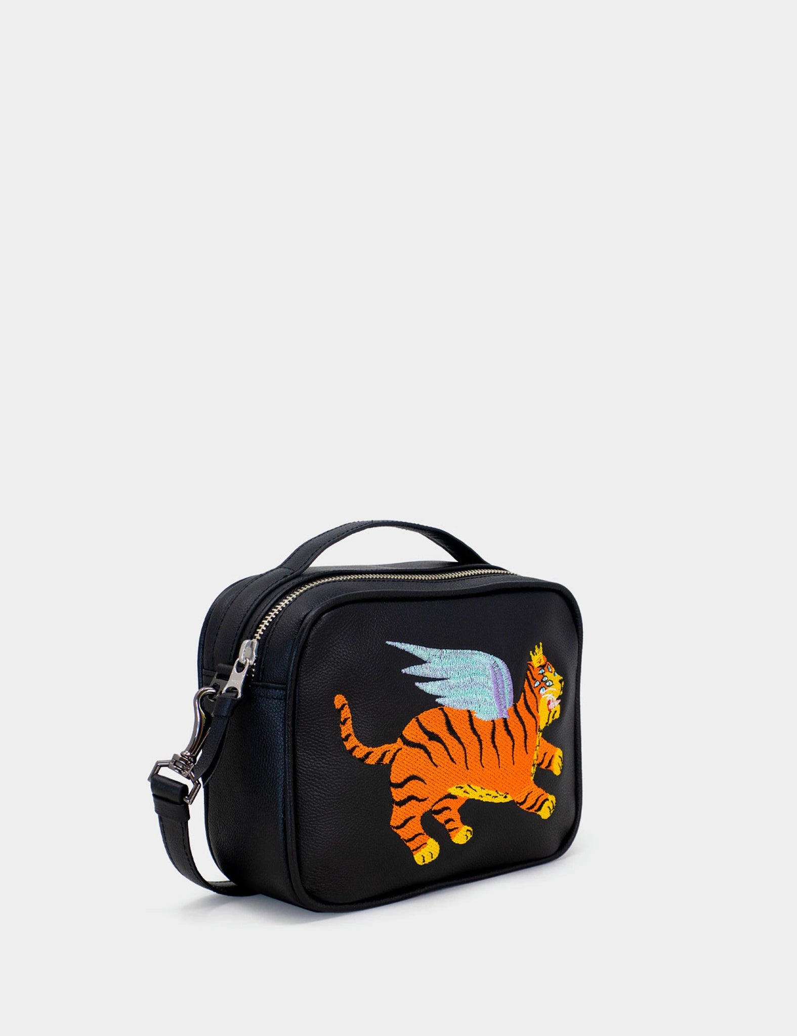 Black Leather Box Bag: Tiger Wings Embroidery | NYC Slow Fashion