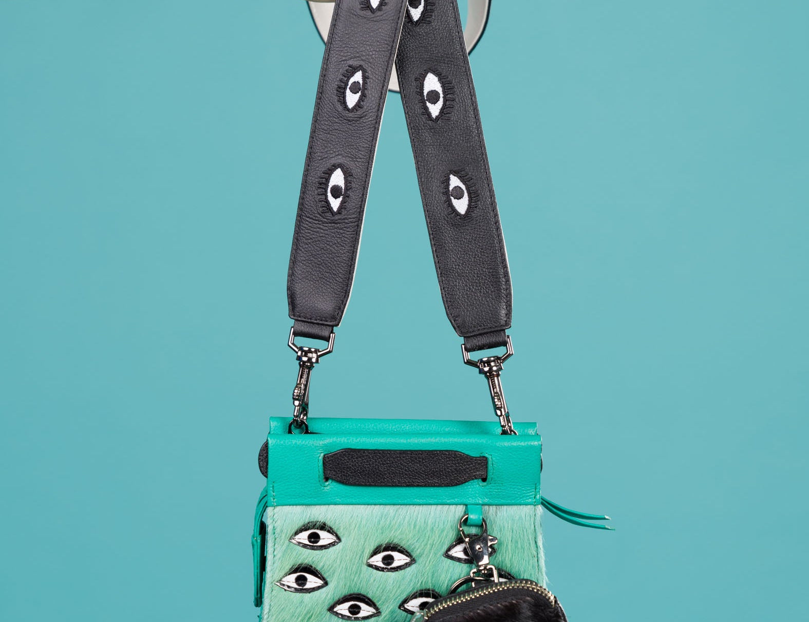 Detachable Black Leather Shoulder Strap - All Over Eyes Embroidery - Personalize Your Bag