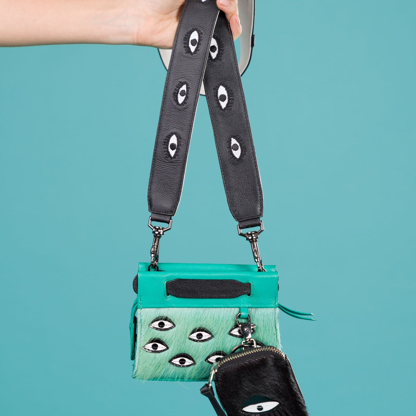 Detachable Black Leather Shoulder Strap - All Over Eyes Embroidery - Personalize Your Bag