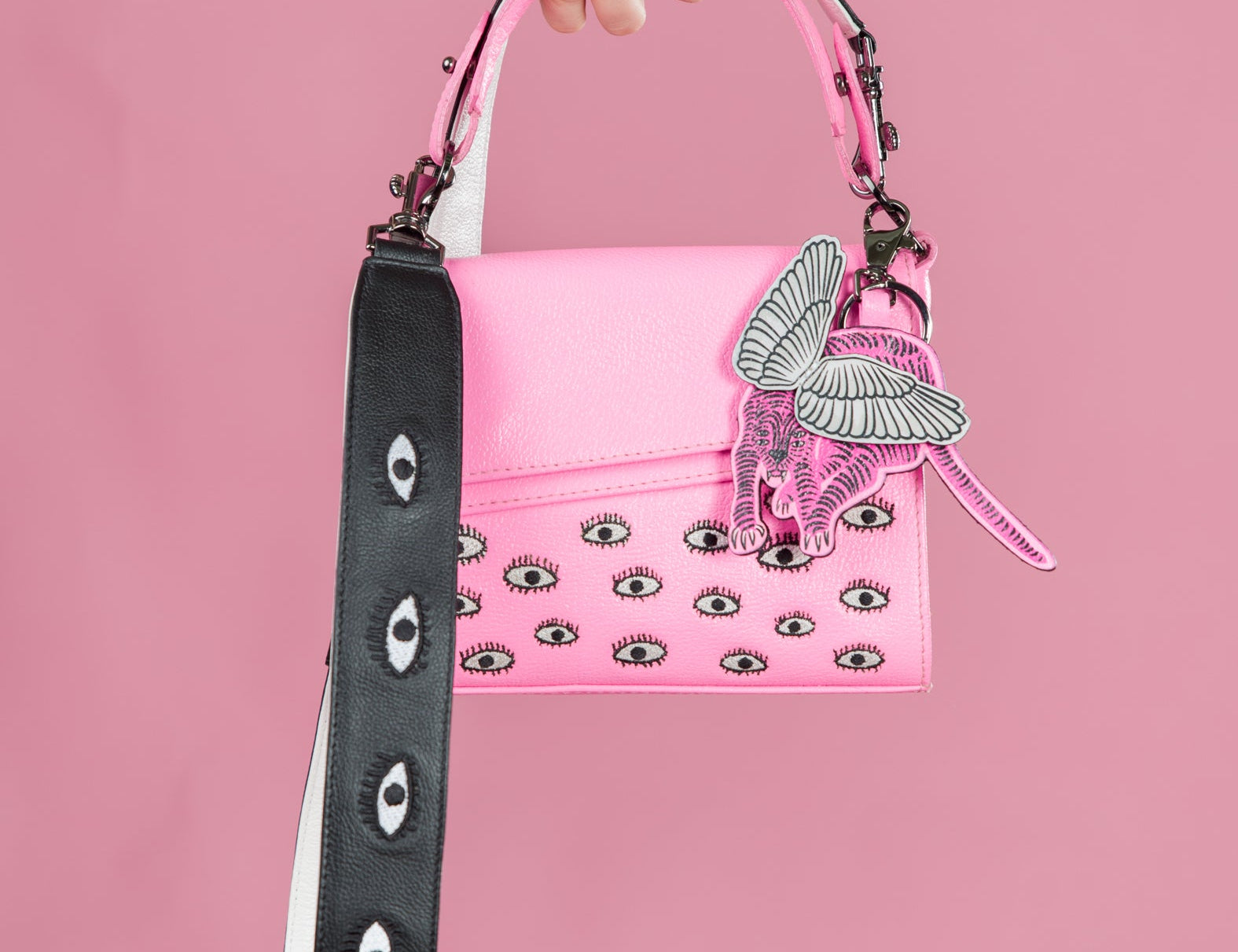 Detachable Black Leather Shoulder Strap - All Over Eyes Embroidery - How To Personalize It