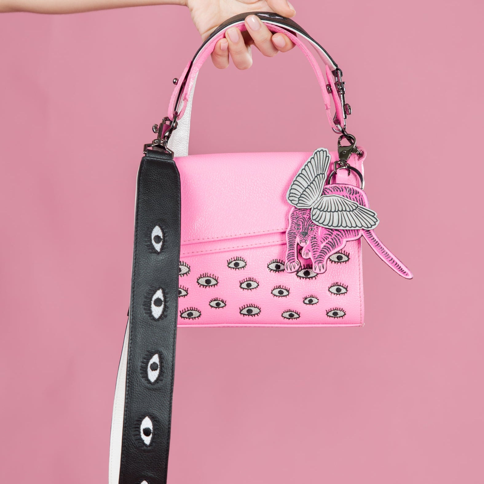 Detachable Black Leather Shoulder Strap - All Over Eyes Embroidery - How To Personalize It