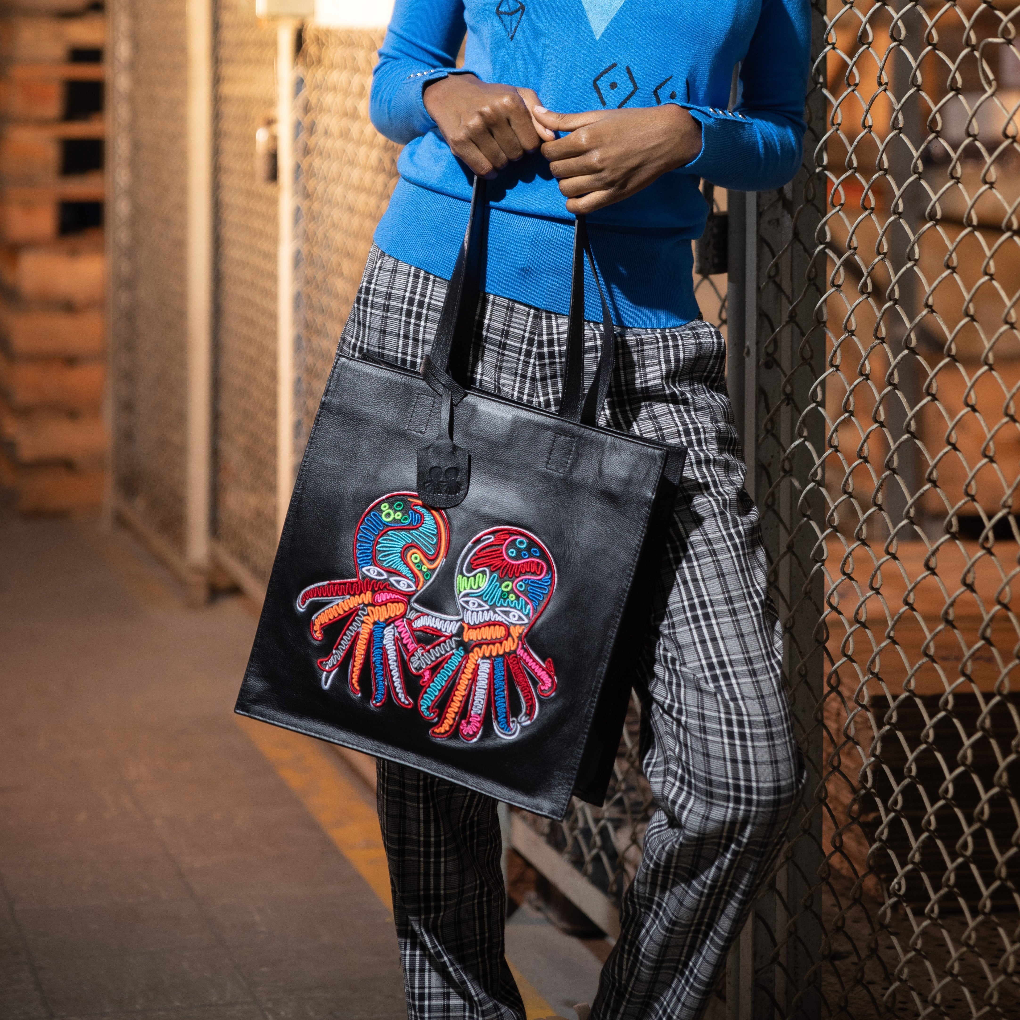 Black Leather Tote Bag Multicolored Octopus Cord Embroidery